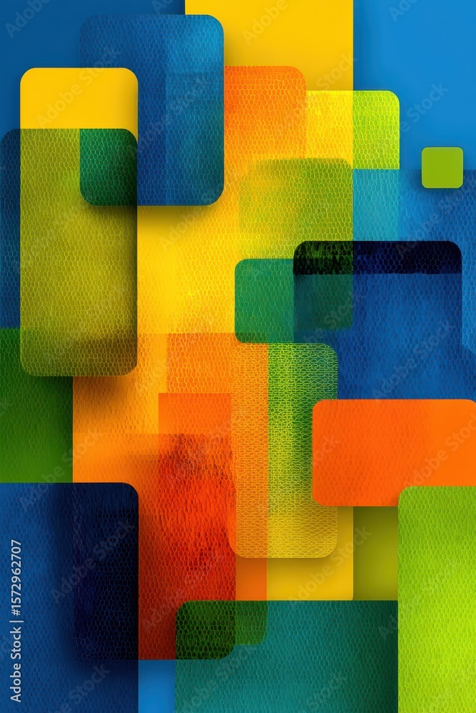 Poster Abstract multicolored pattern with overlapping translucent rectangular shapes and textures