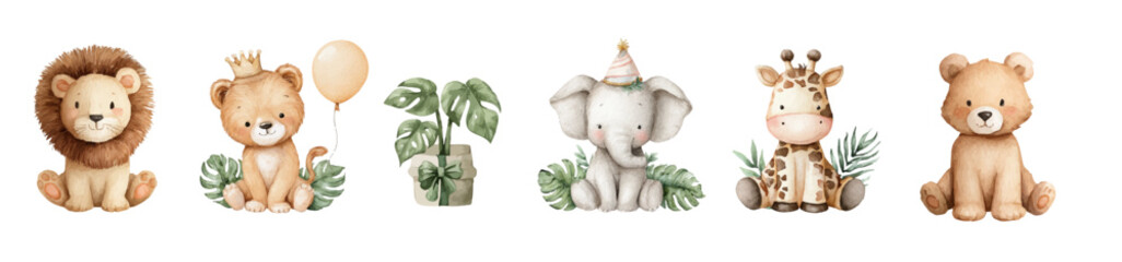 Birthday vector collection, jungle animals set, vector, watercolor illustrations. Vector clip art elements, ready to print. Perfect for banners, decoration, patterns, stickers, invitation, card