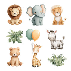 Fototapeta premium Vector jungle animals set, watercolor illustrations. Vector clip art elements, ready to print. Perfect for banners, decoration, patterns, stickers, invitation, card