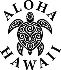 Aloha Hawaii beach vibes vector illustration featuring a detailed tribal sea turtle with tropical design elements. Perfect for T-shirt prints, summer merchandise, vacation branding, and Hawaiian. © Maruf