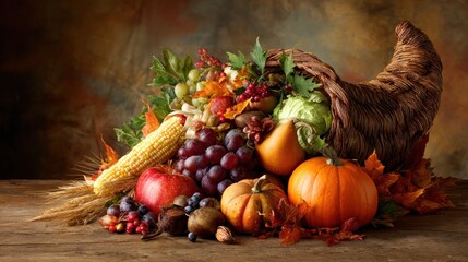 A beautiful cornucopia overflowing with autumn harvest vegetables and fruits, on a wooden table, Thanksgiving centerpiece.
