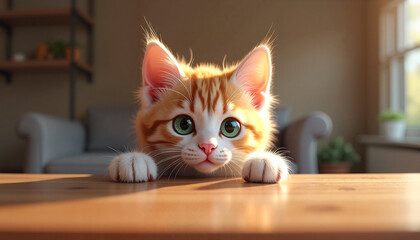 Adorable orange tabby cat with bright green eyes peeking over a wooden table in a cozy interior, symbolizing curiosity and playfulness.
