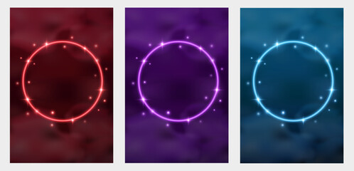 Glowing neon circle frames set on gradient cloudy background. Poster and social media template