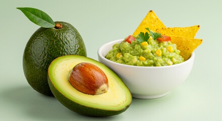 Fresh organic avocado fruit with homemade guacamole dip with tortilla chips in bowl