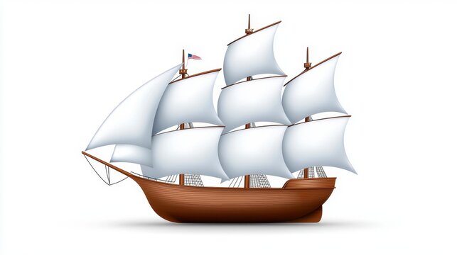 Detailed Illustration of a Vintage Sailing Ship with Brown Hull and White Sails