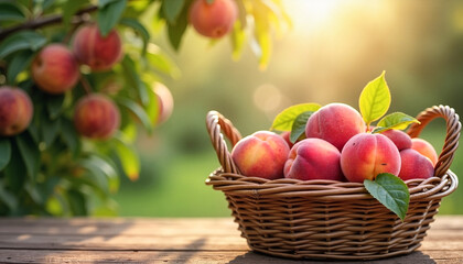 A basket of juicy peaches resting on a wooden farm table, enhanced by sunlight filtering through peach trees. Symbolizing freshness and harvest abundance.