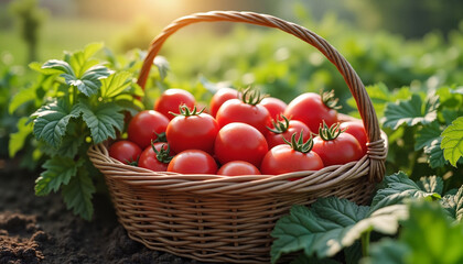 Basket of garden-fresh tomatoes nestled in vibrant vegetable patch, symbolizing organic farming and rural abundance.