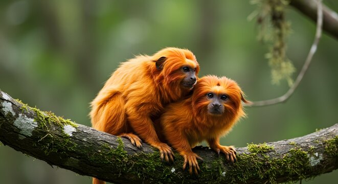 Foto rara de um casal de mico-le&atilde;o-dourado Leontopithecus rosalia 03