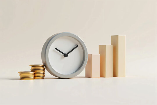 Modern clock, rising bar chart, and gold coins representing time management, financial growth, smart investment, and economic success in a clean background