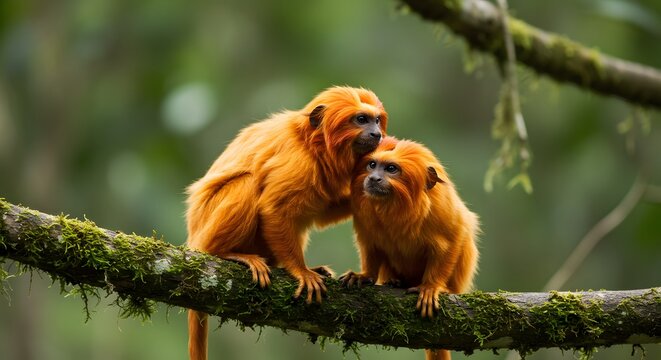 Foto rara de casal de mico-le&atilde;o-dourado Leontopithecus rosalia 03