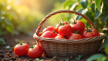 Woven basket overflowing with bright red tomatoes in a sunlit rural garden, representing the bounty of nature and the joy of harvest.