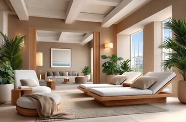 Beautifully designed spa lounge with comfortable seating and natural elements