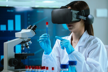 A female scientist wearing virtual reality goggles explores interactive data and medical simulations in a modern laboratory, merging advanced technology with scientific research and innovation.