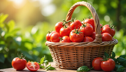 Wicker basket overflowing with ripe tomatoes nestled among lush garden foliage, symbolizing freshness and abundance.