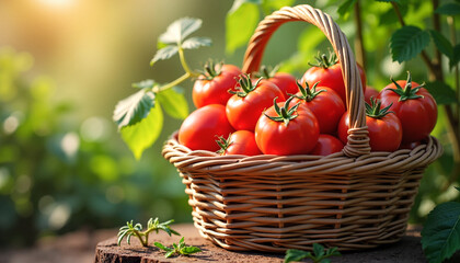 Wicker basket overflowing with ripe, vine-ripened tomatoes against lush green garden foliage, symbolizing freshness and organic harvest.