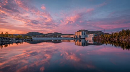 Sunset view over a modern hydropower dam with reflections on water