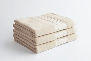 Neatly stacked soft beige towels on a white surface create a calming and organized atmosphere for relaxation, Soft, folded beige towels stacked neatly on white surface