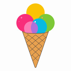 Colorful Ice Cream Cone with Multiple Scoops Illustration Isolated on White Background