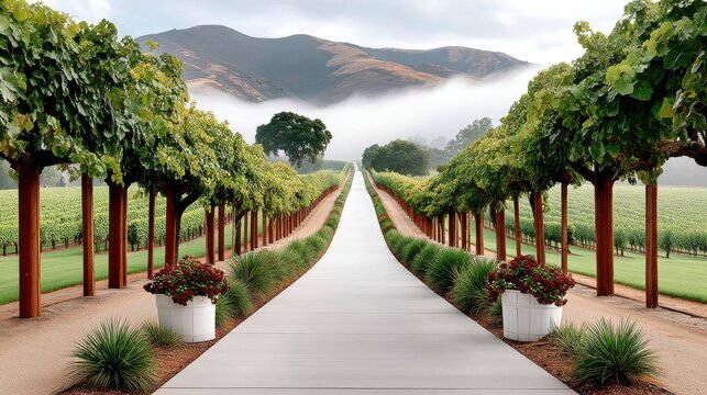 Long vineyard pathway lined with green vines and scenic mountains in fog