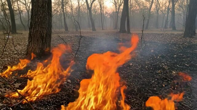 Forest fire ignites dry underbrush during dangerous conditions, posing a threat to the environment. Forest fire shows flames consuming foliage and trees, indicating a need for heightened awareness.