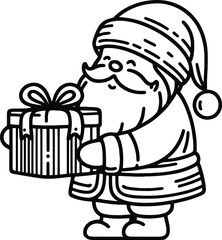Santa claus giving a gift box lineart silhouette Vector Illustration isolated on a white background