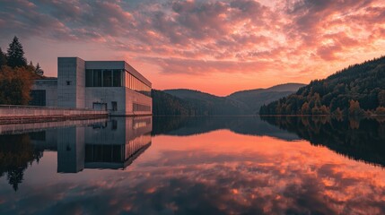 Sunset view over a modern hydropower dam with reflections on water