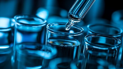 Close-up of a pipette dispensing liquid into a test tube, surrounded by other test tubes filled with various liquids in a scientific laboratory setting