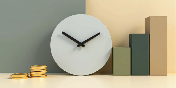 Modern clock, rising bar chart, and gold coins representing time management, financial growth, smart investment, and economic success in a clean background