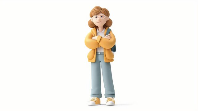 3D Animated Girl: Pensive Teen with Backpack,  Arms Crossed,  Slight Head Turn Animation Loop