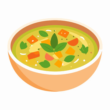 Colorful Vegetable Soup in Peach Bowl Featuring Carrots Tomatoes and Spinach with Fresh Basil Leaves Isolated on White Background