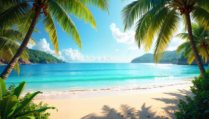 Stunning island coastline with golden beach and vibrant blue sea under the midday sun, tropical paradise concept.