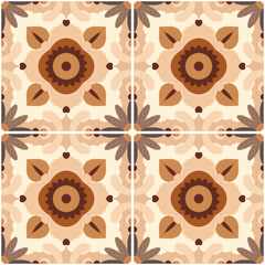 Square tiles with floral and geometrical motifs creating a seamless repeating pattern, ideal for backgrounds and textile design