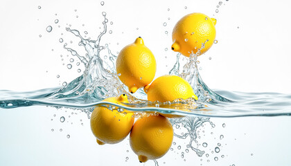 Vibrant yellow lemons splashing into crystal-clear water against a clean white background, refreshing beverage concept