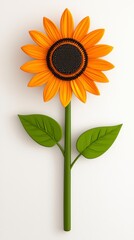 Digitally Rendered Single Sunflower with Orange Petals and Green Stem on White Background