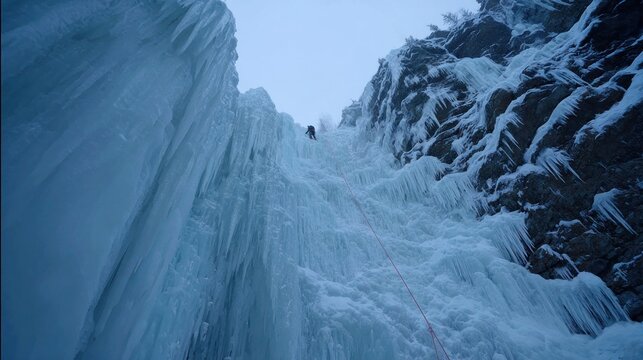 A beautiful, icy stalactite on a frozen cliff face, with the rope of an ice climber just visible, adventure setting.