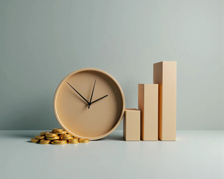 Modern clock, rising bar chart, and gold coins representing time management, financial growth, smart investment, and economic success in a clean background