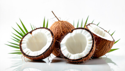 Whole and halved coconuts arranged on a clean white surface with tropical greenery, symbolizing freshness and natural vitality.