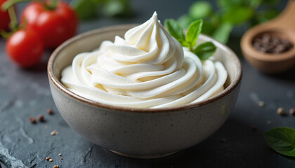 Ceramic bowl filled with freshly whipped cream on a dark slate countertop, highlighting culinary elegance and gourmet indulgence.