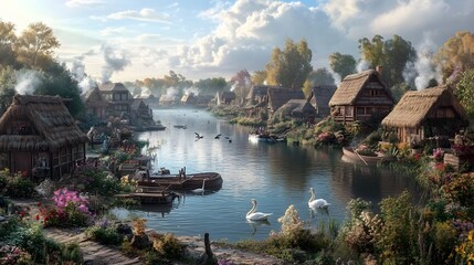Obraz premium Enchanting Riverside Village with Swans and Lush Scenery
