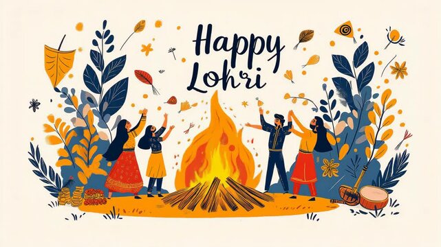 Happy Lohri festival illustration with bonfire dance
