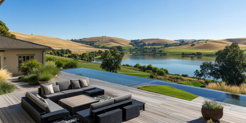 Luxurious outdoor living with infinity pool overlooking scenic hills and tranquil lake.