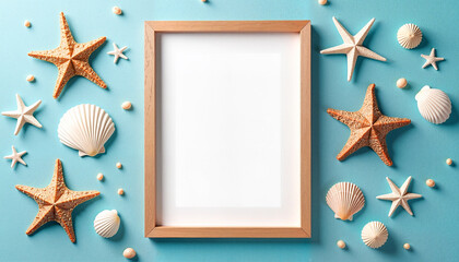 Wooden picture frame mock up surrounded by seashells and starfish on a textured blue background, beach decor concept. Free place for text