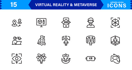 Versatile VR and Metaverse Icons. Line Art Graphics for Augmented Reality, Virtual Worlds, and Digital Interaction