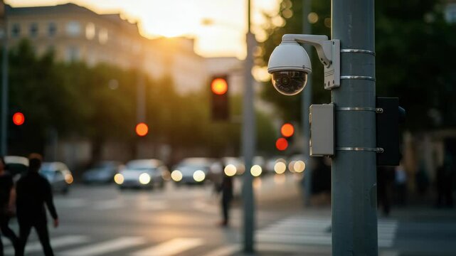 Security camera provides public surveillance for improved safety and crime prevention in busy urban area. Security camera monitors street traffic, pedestrians, and public order,