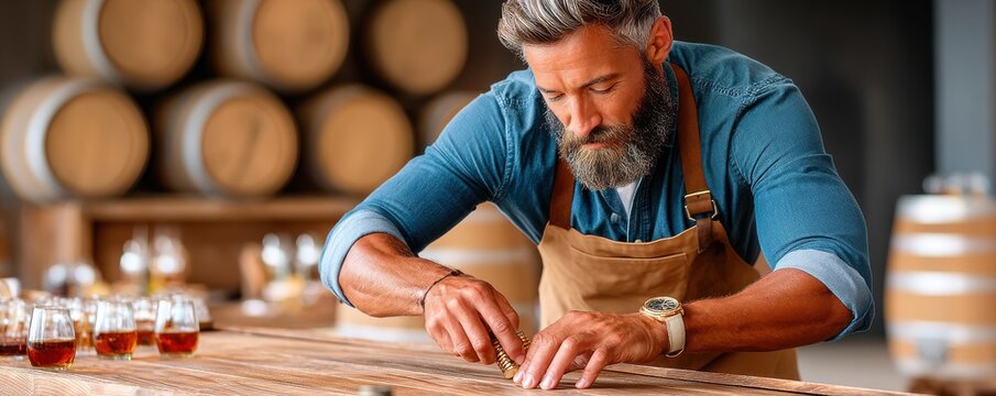 Man in apron working with barrels in a traditional distillery setting