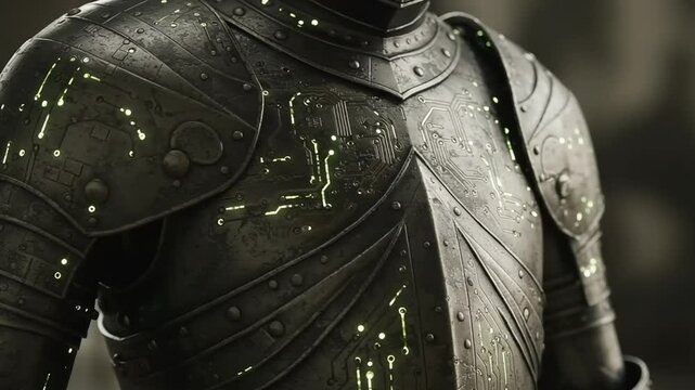 Futuristic armored figure with glowing circuits in battle