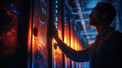 Systems engineer configuring server room with glowing racks