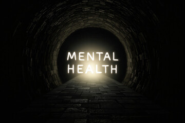 A dark tunnel with a light at the end forming the words "Mental Health" in radiant letters, illustrating the journey from darkness to recovery.