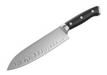 Professional chef knife with granton edge and black handle isolated on transparent background