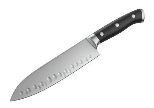 Professional chef knife with granton edge and black handle isolated on transparent background